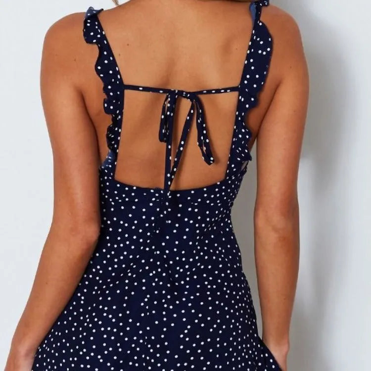 Polka-dot strappy dress women's sleeveless V-neck short skirt summer beach sundress