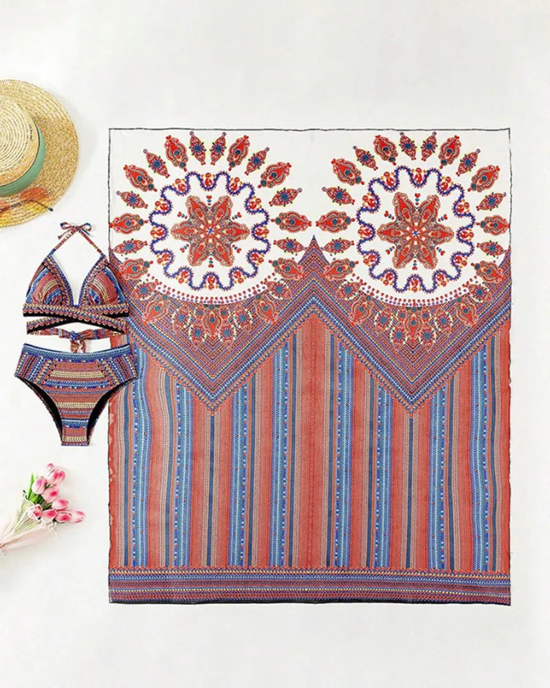 Women's three-piece swimsuit set showing sleeveless cutout blouse, high-waisted briefs, and a coat in the pictured colour.