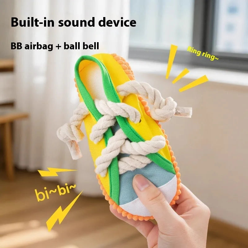 Plastic dog chew toy with bends and hitches in yellow, black or blue for molar cleaning