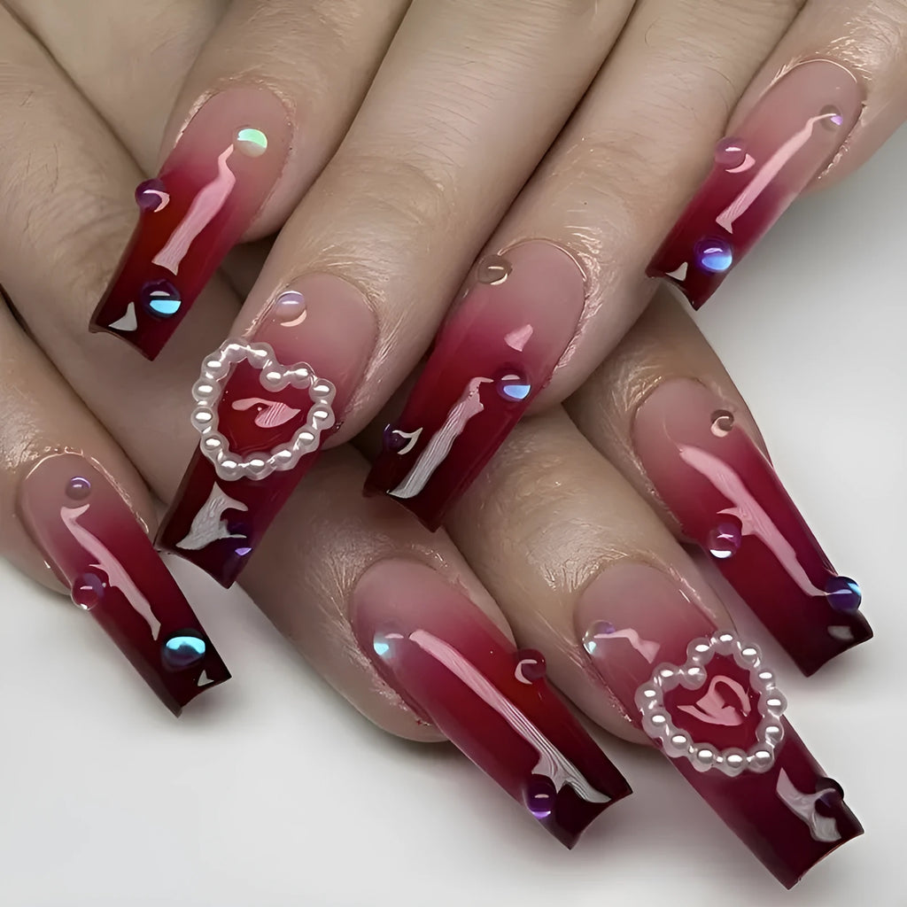 Wine red gradient plaid false nail tips with pearl heart detail in long ballet style