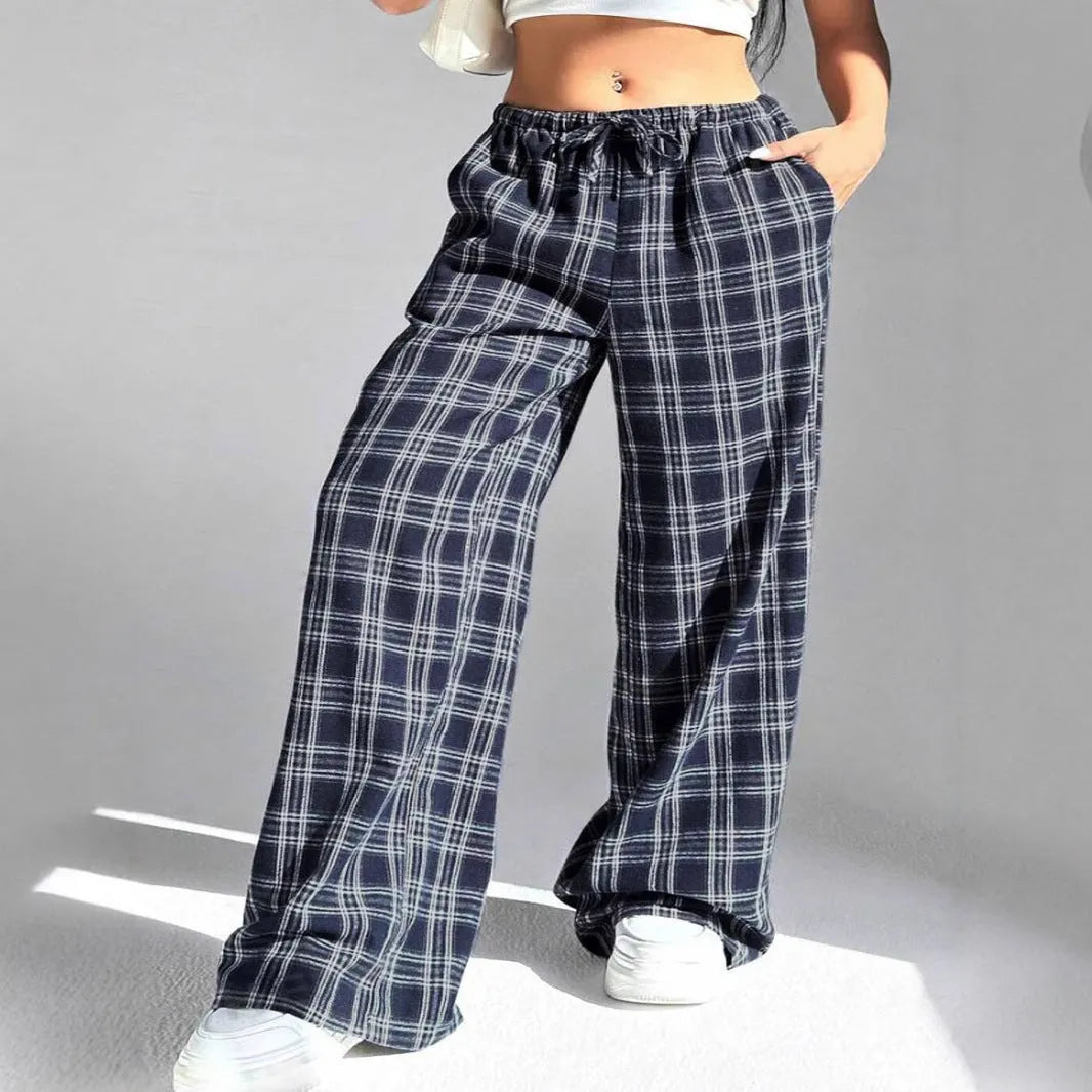 Women's casual plaid trousers with drawstring waist and side pockets in blue or red colours