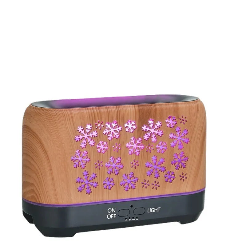Square desktop humidifier with snowflake wood grain pattern and colourful flame effect illumination