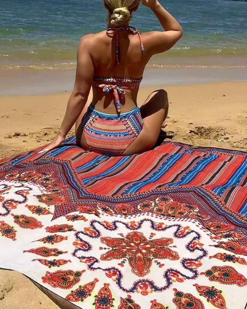 Women's three-piece swimsuit set showing sleeveless cutout blouse, high-waisted briefs, and a coat in the pictured colour.