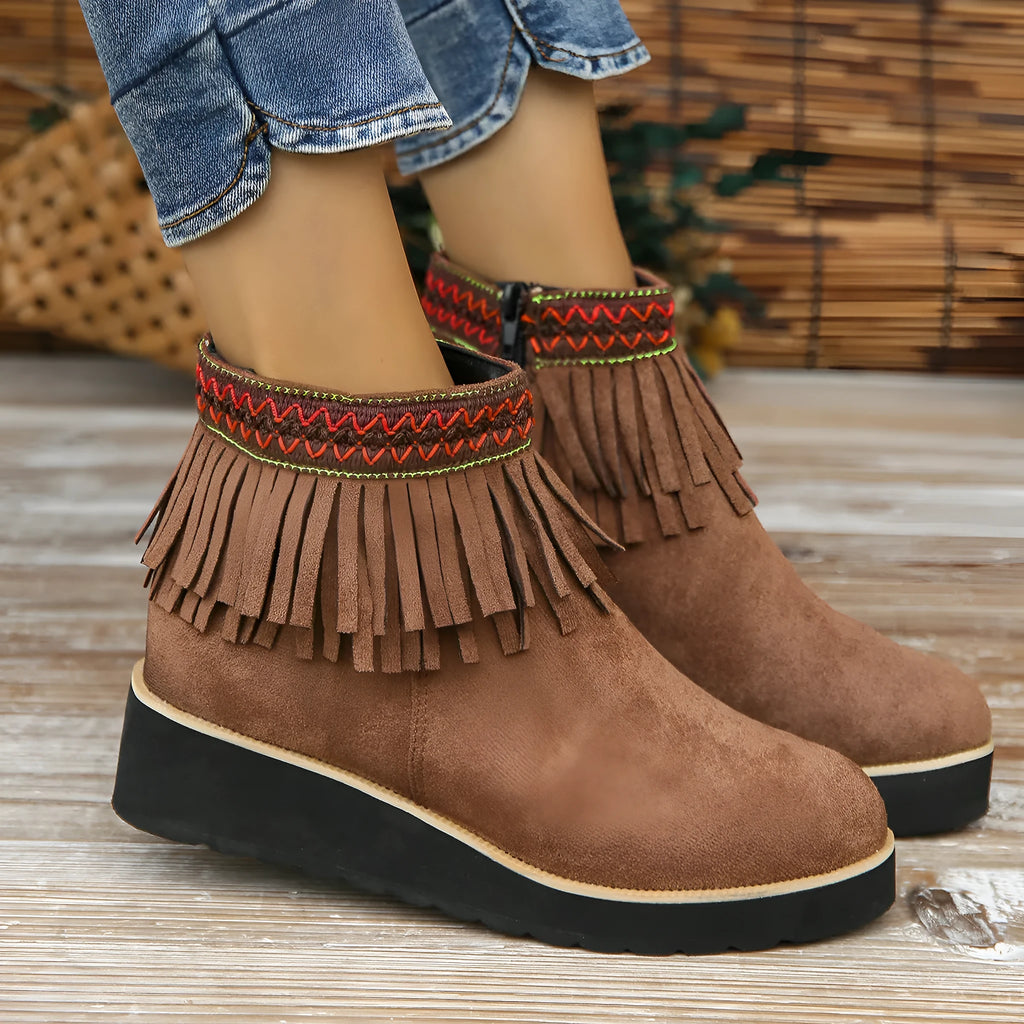 Women's wedge ankle boots with suede upper, side zip, and waterproof platform sole in dark brown