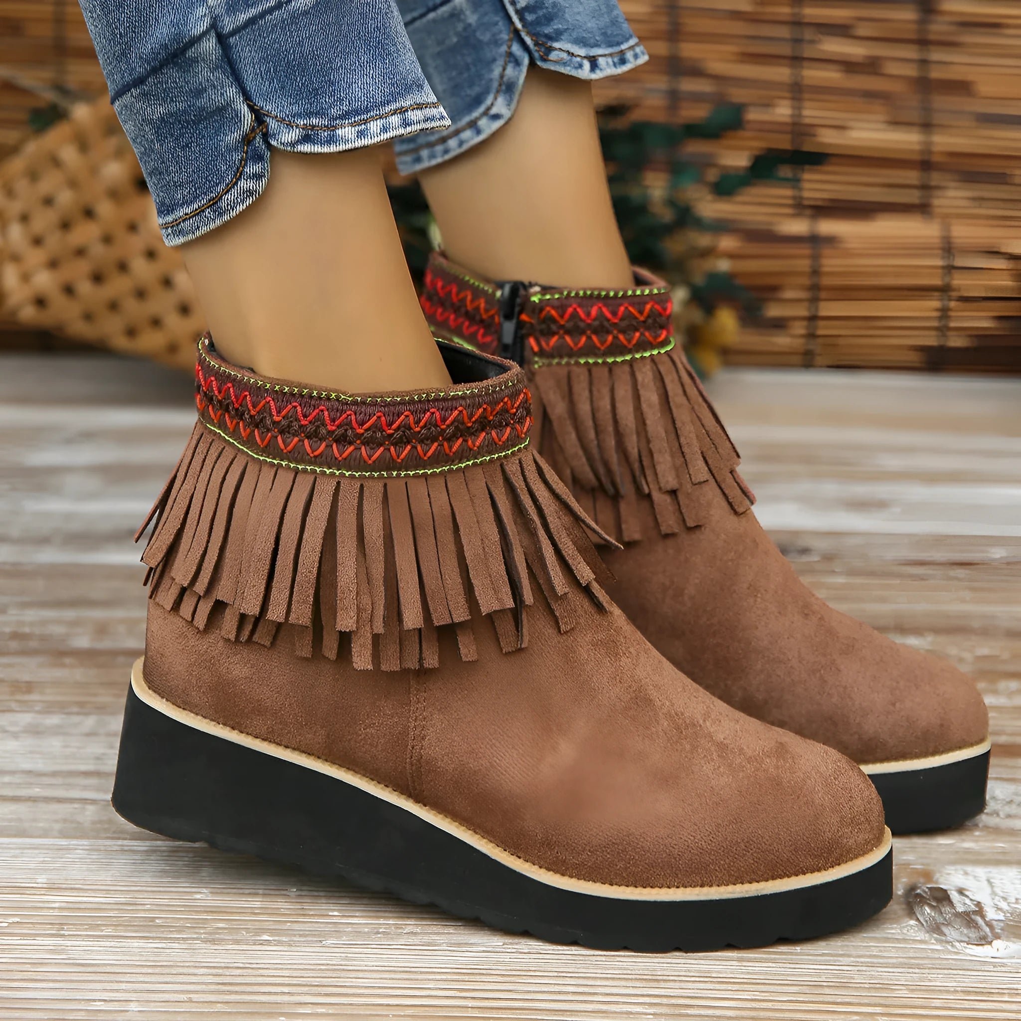 Women's wedge ankle boots with suede upper, side zip, and waterproof platform sole in dark brown