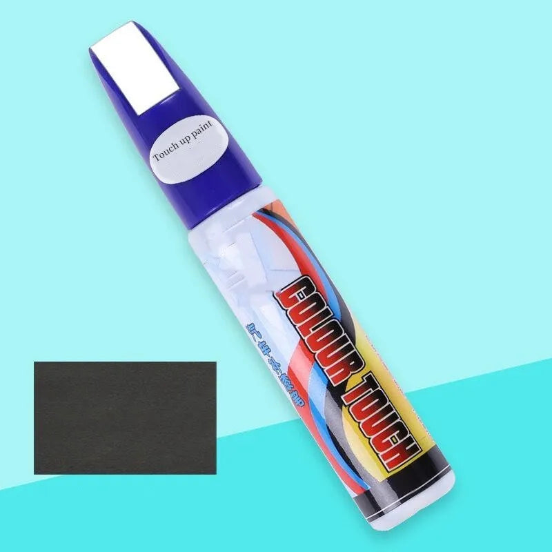 Automotive scratch repair kit showing touch-up paint pen, wax tube, sandpaper, and sponge for car paint touch-up.