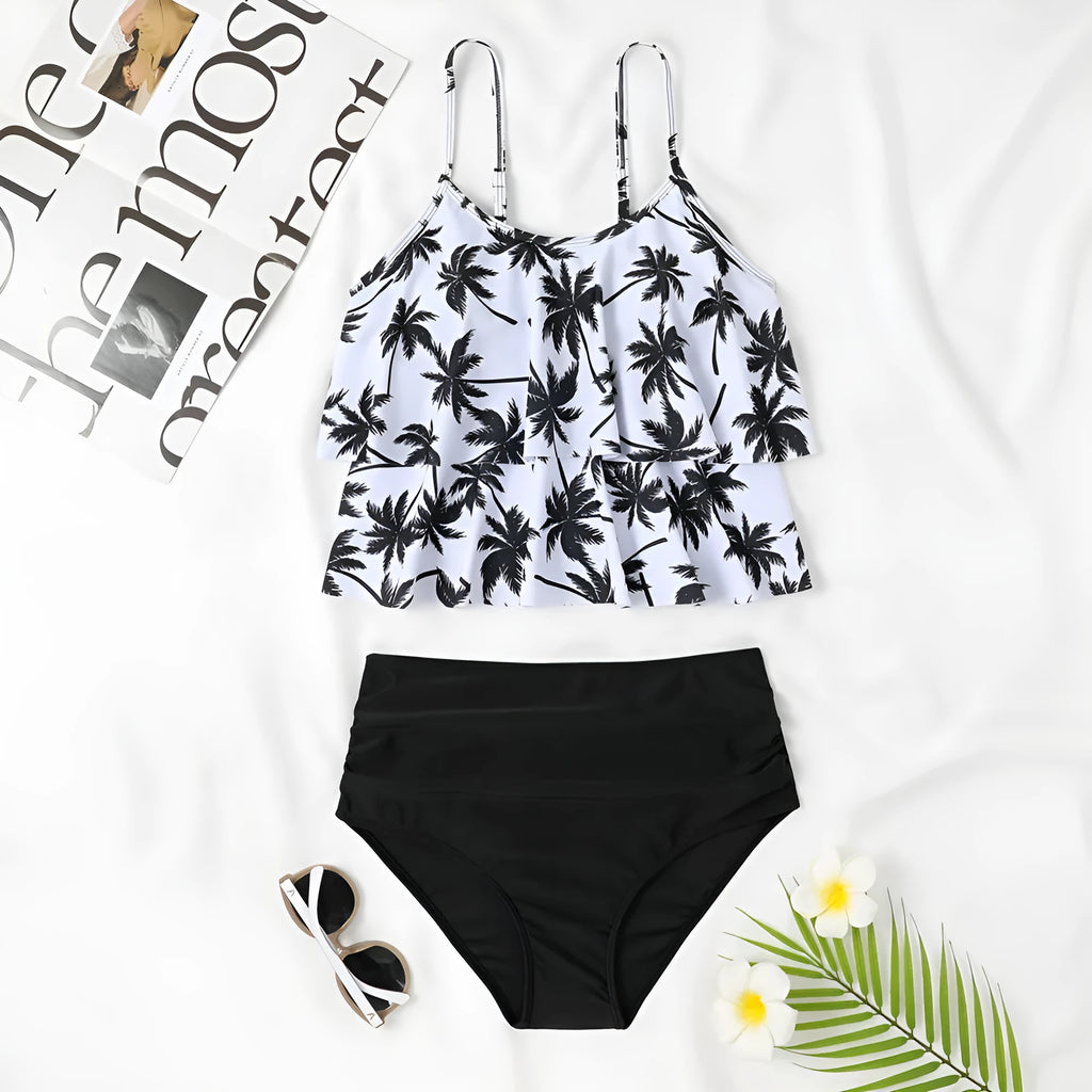 Women's high waist double-layer swimsuit in black or coconut tree floral print pattern