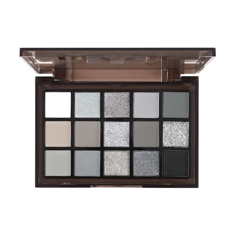 15-colour eye shadow palette showing matte and shimmer pans in brown and blue earth tones