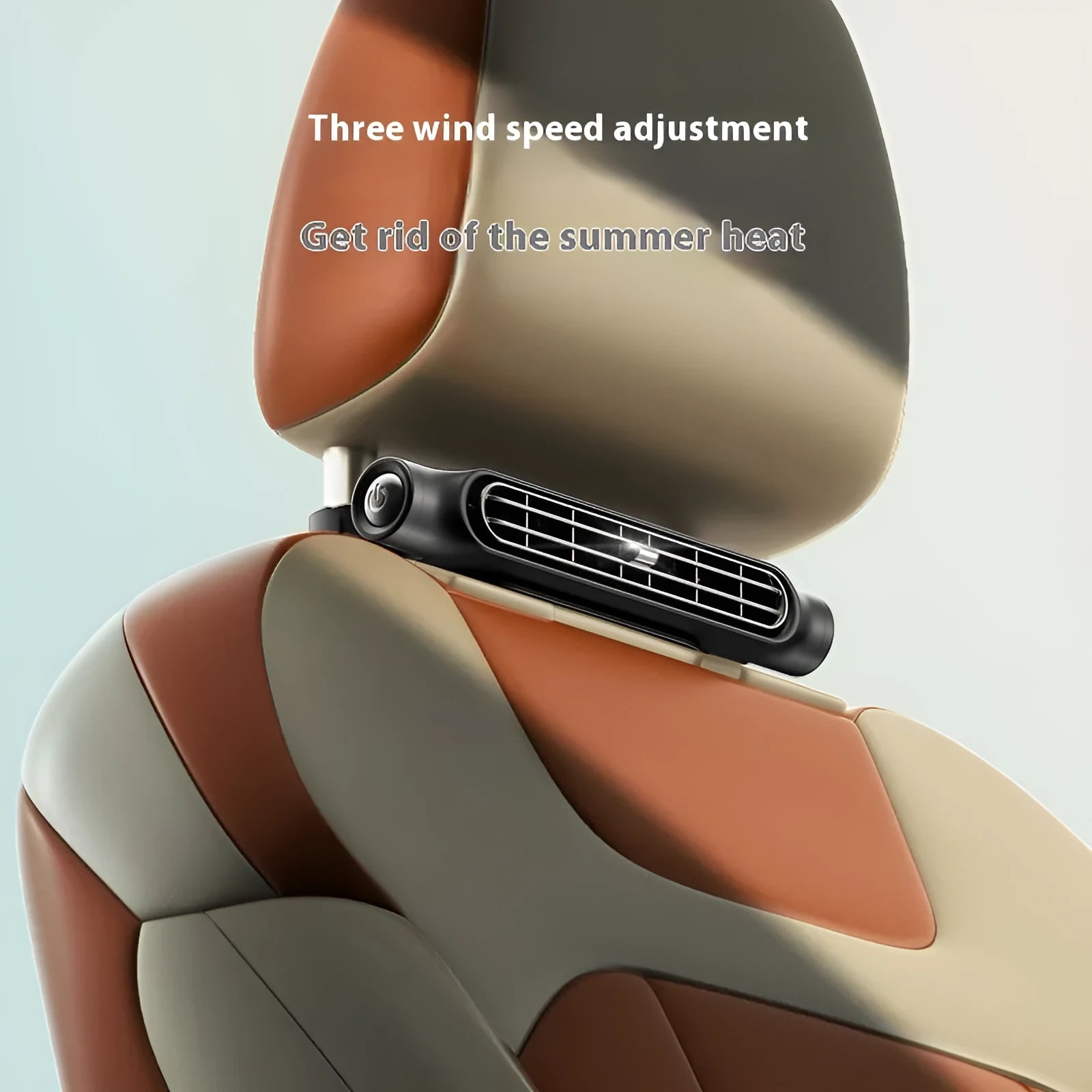 USB plug-in car seat fan showing no-blade design, Velcro strip, and USB cable, in black colour.