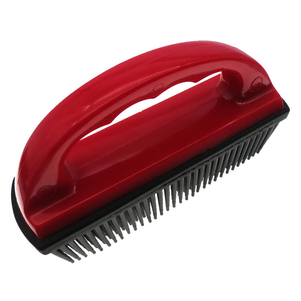Red curved-handle pet hair removal brush for bath massage and carpet cleaning.