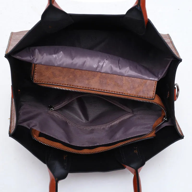Three-piece women's retro fashion bag set in solid colour PU material with shoulder strap