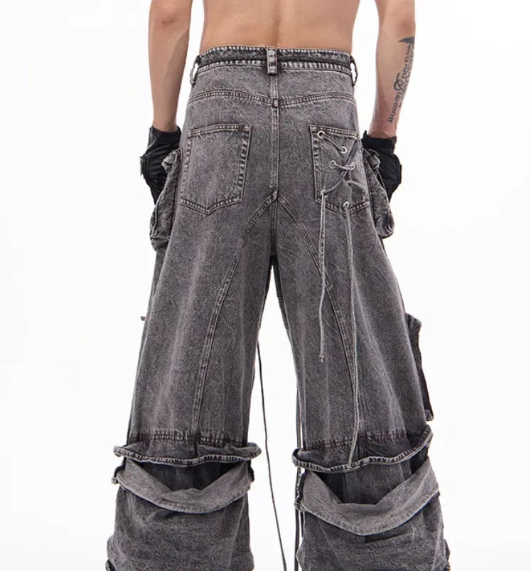 Grey distressed denim overalls with rope stitching detailing in American-style design
