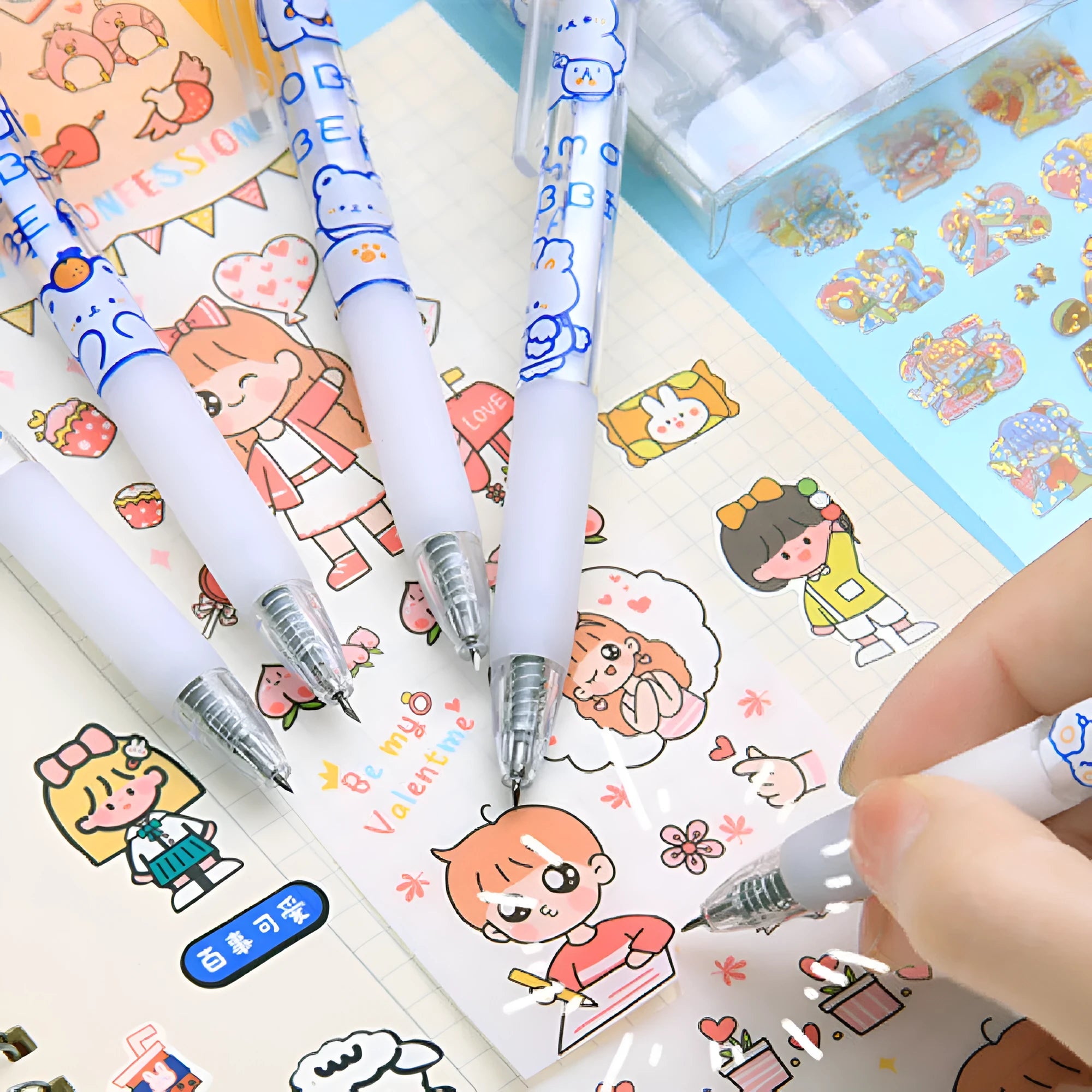 Set of six colourful bear and bunny character press pen knives on a white background.