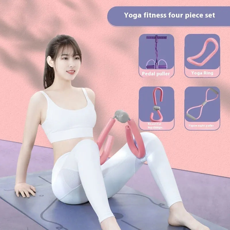 Four piece yoga fitness set with leg stretching device, yoga ring, pedal tension tool and figure eight resistance rope