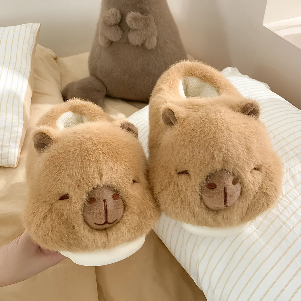Light brown women's winter slippers with cartoon pattern and artificial wool lining