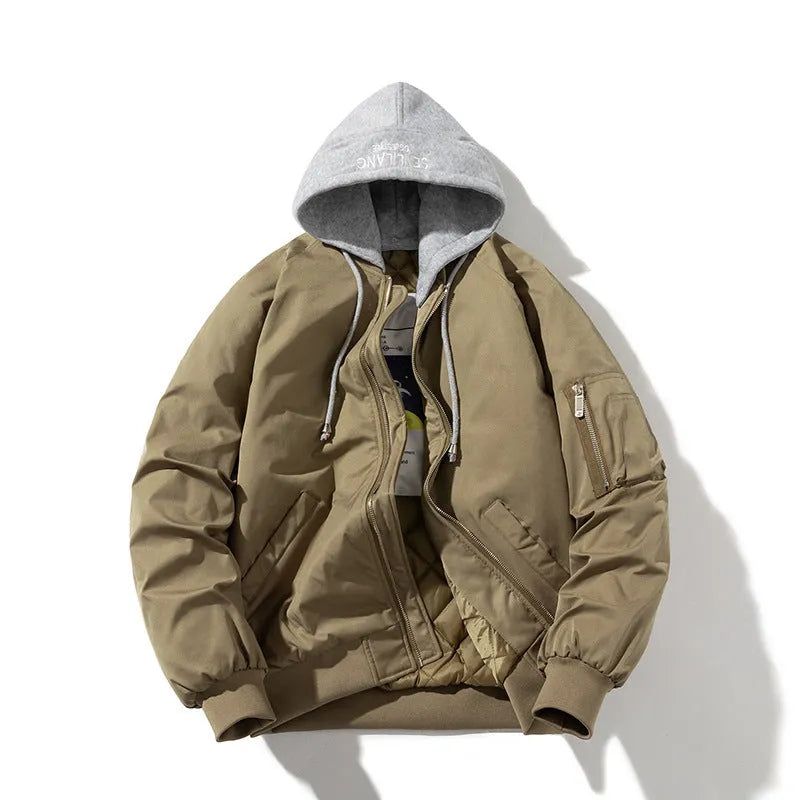 Loose-fitting solid colour pilot jacket shown in black, beige, or green.