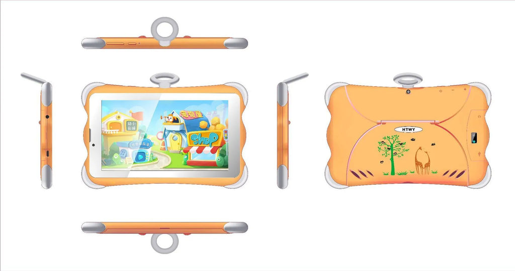 7-inch children's learning tablet with stand showing cartoon colour options and 3G calling feature