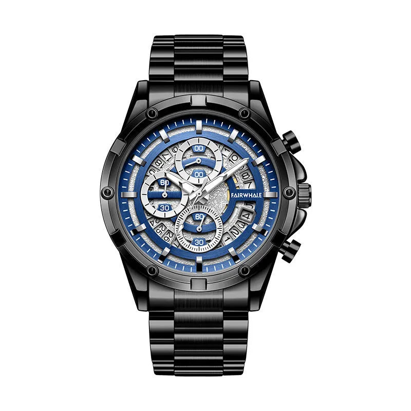 Men's waterproof luminous quartz watch with stainless steel band in black, gold, or silver colour options