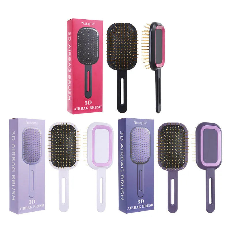 3D air cushion comb with steel needles, black handle pink ring, light purple or dark purple, boxed, handle over 20cm