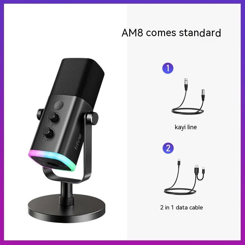 Dynamic noise reduction microphone in black, pink, or white with XLR cable and base