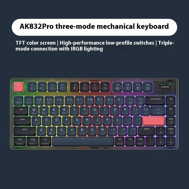 Ajazz AK832PRO three-mode mechanical keyboard with colour screen on a desk