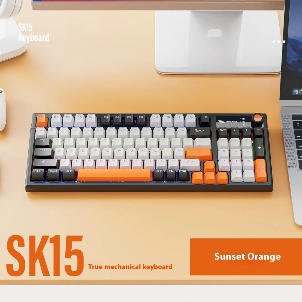 SK15 wired mechanical keyboard for gaming laptops in black, orange, or blue with mixed light green switches
