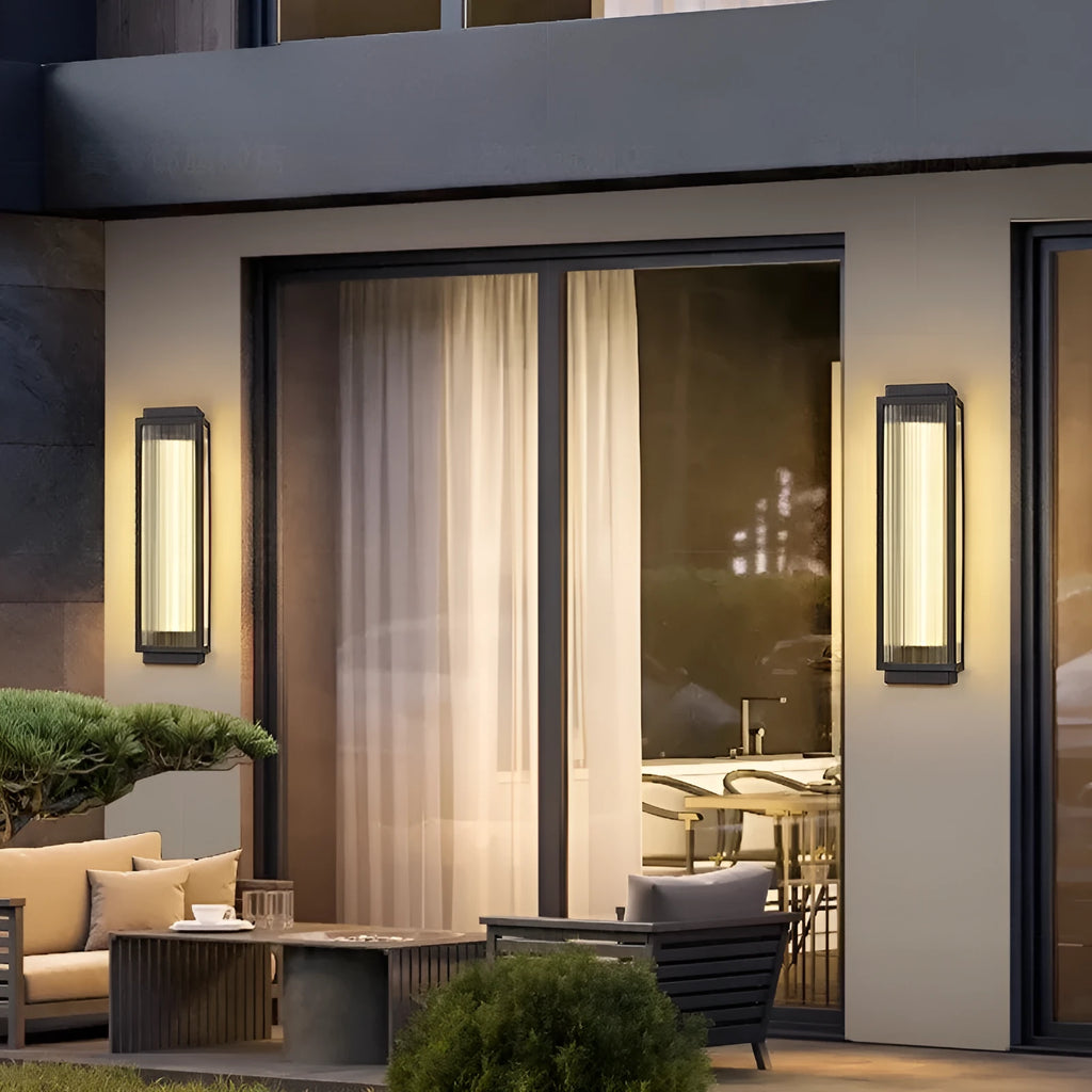 Stainless steel outdoor wall lamp for garden or courtyard mounting.