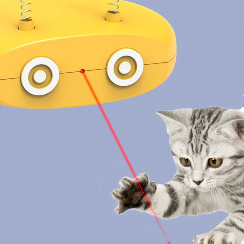Electric robot laser cat toy with feather teasing stick, USB rechargeable, shown in Blue, Grey and Yellow