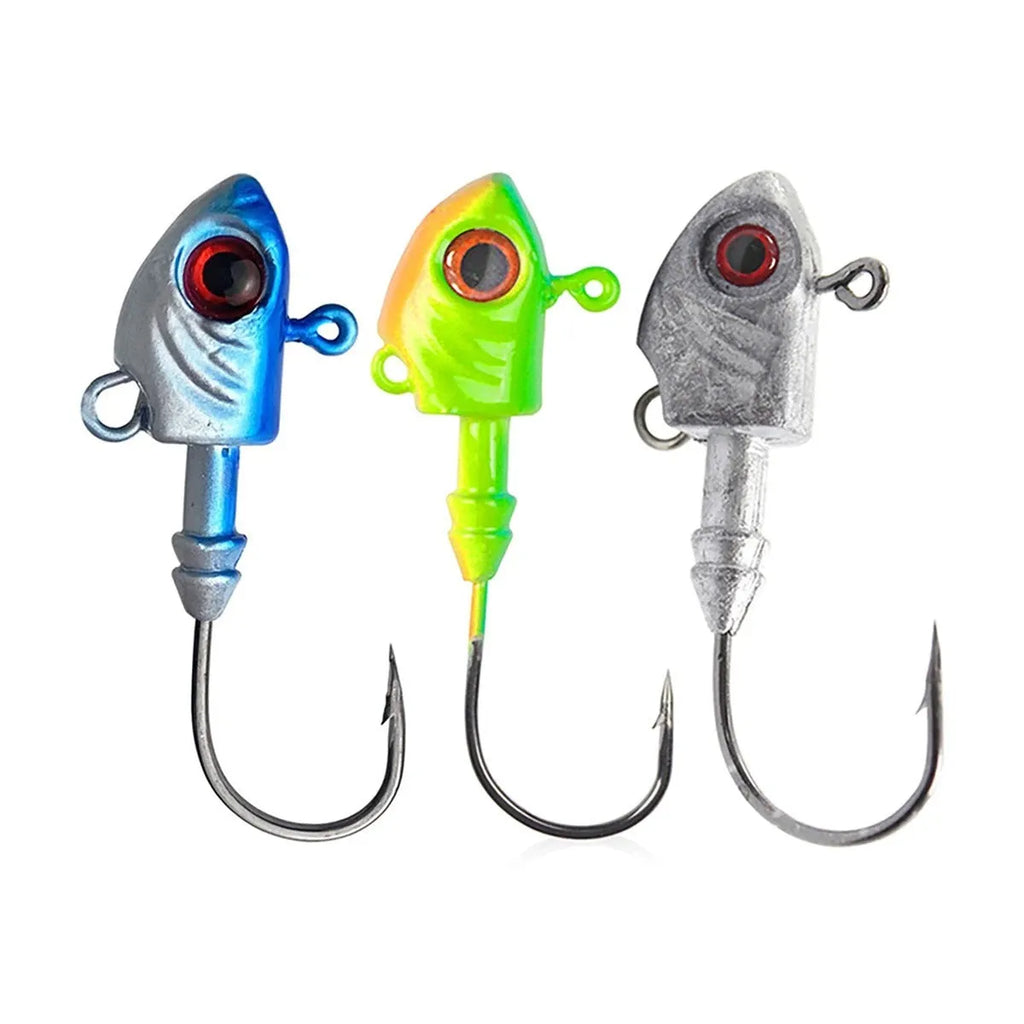 Yayu shaped lead head fishing jig hooks in blue, silver, and yellow, showing the fish-shaped design.