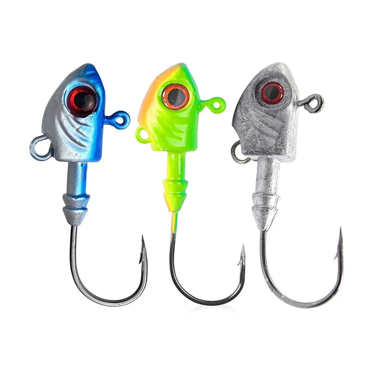 Yayu shaped lead head fishing jig hooks in blue, silver, and yellow, showing the fish-shaped design.