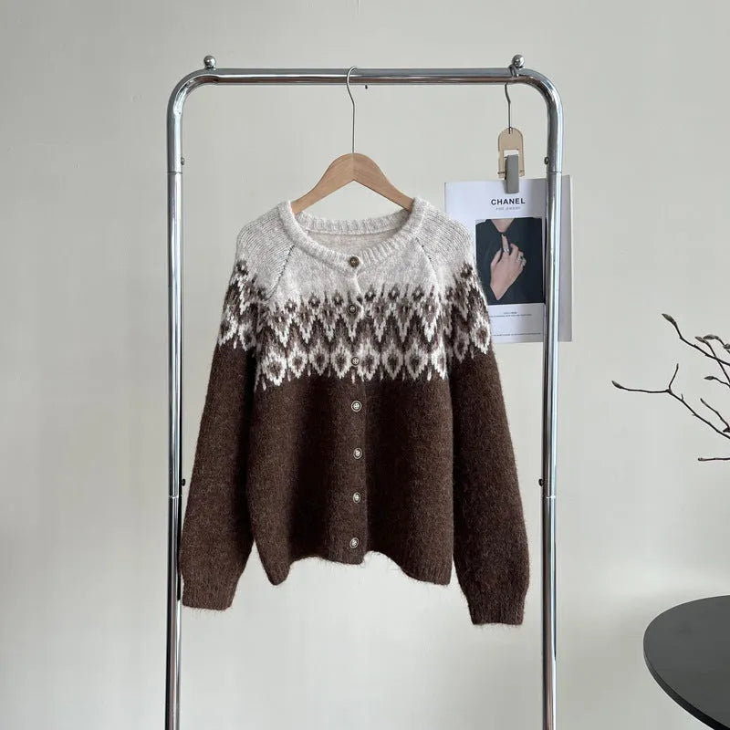 Women's loose-fit jacquard knit sweater coat in beige, brown, or navy blue.