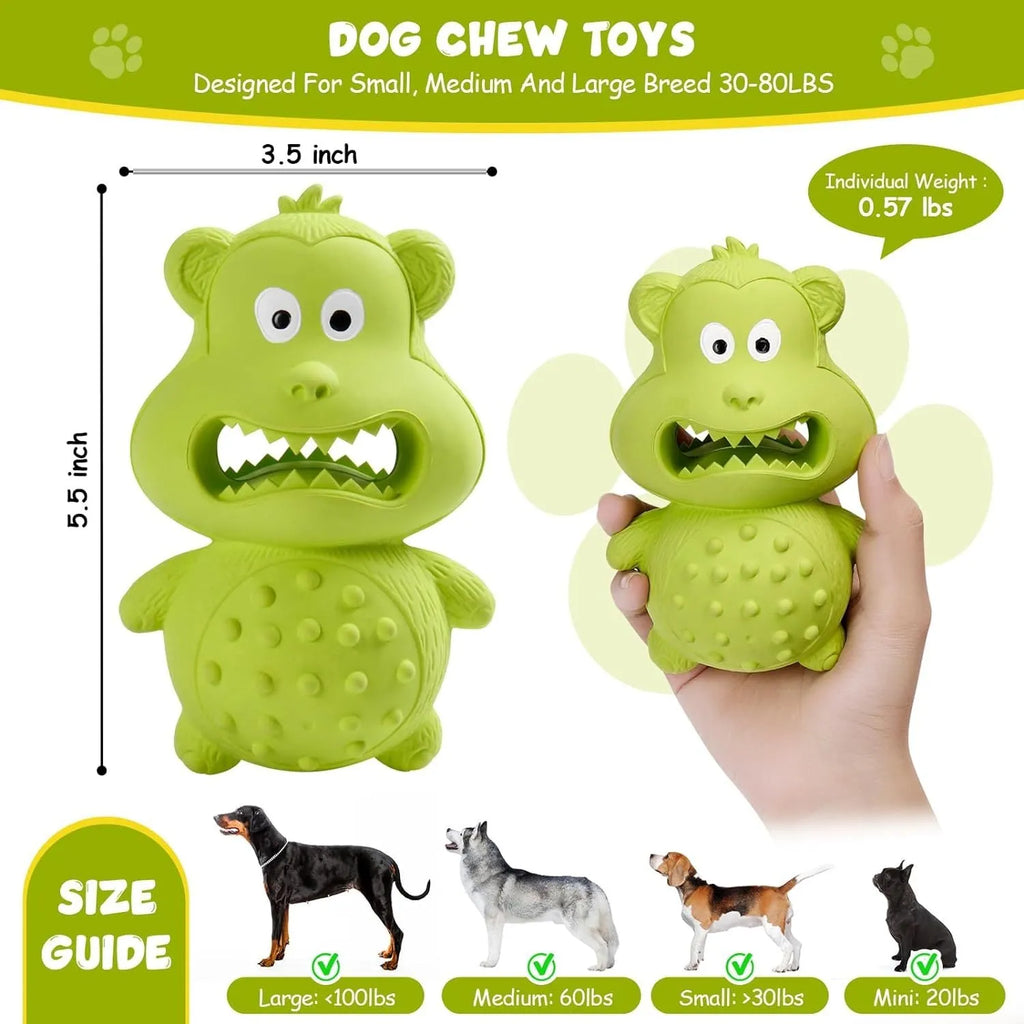 Green natural rubber dog toy for aggressive chewers with squeaker and fillable centre
