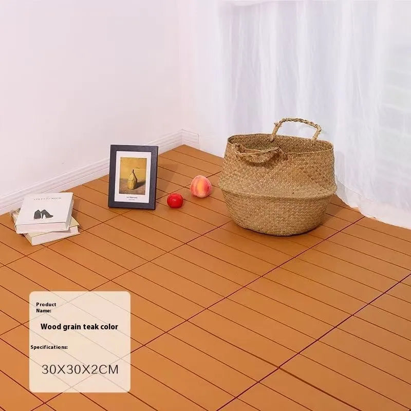 Pack of 10 wood grain style plastic interlocking floor tiles showing non-slip texture