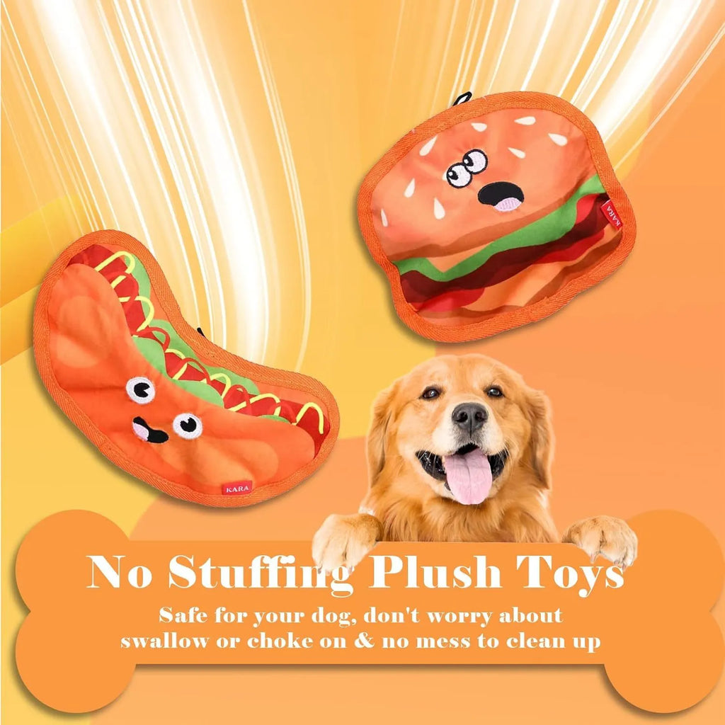 Food-shaped dog chew toys including a hamburger, fries, a hot dog, and a pizza, designed for interactive play with crinkle and squeak sounds.