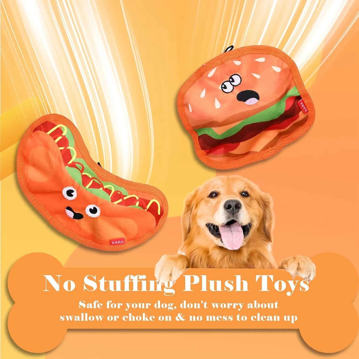Food-shaped dog chew toys including a hamburger, fries, a hot dog, and a pizza, designed for interactive play with crinkle and squeak sounds.