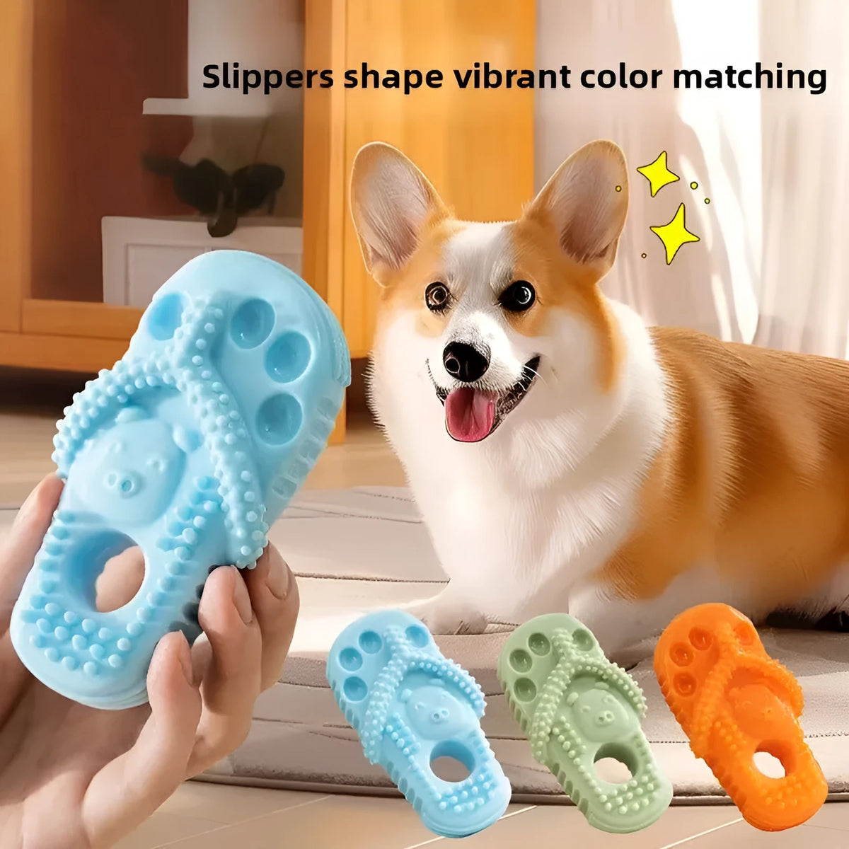 Rubber slipper-shaped dog chew toy for puppies and small to medium dogs in blue, green, orange or pink