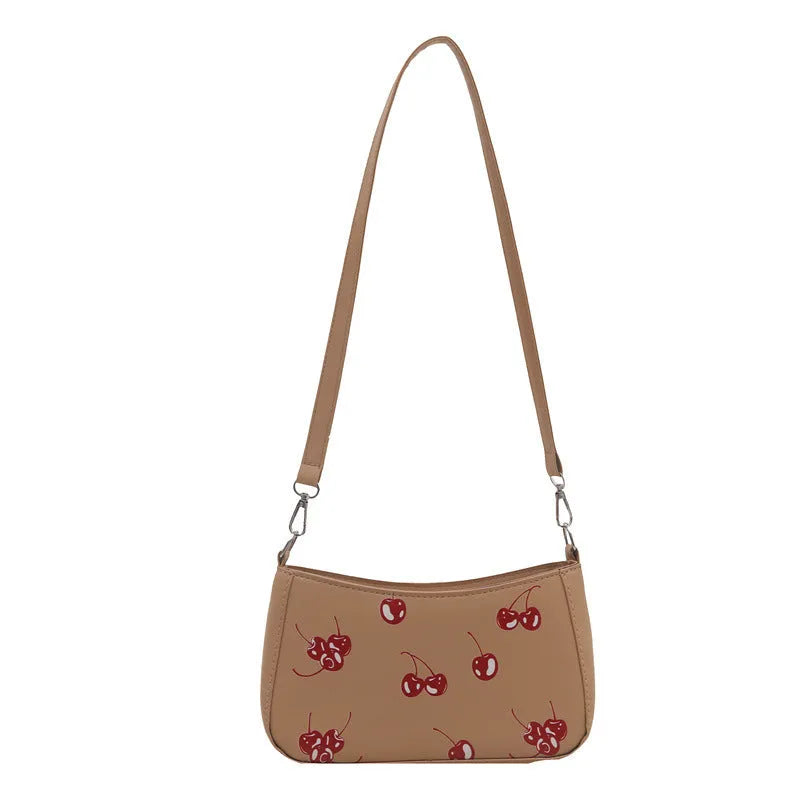 Dumpling-shaped PU underarm bag with floral print, single shoulder strap, three-dimensional outer pocket, in khaki.
