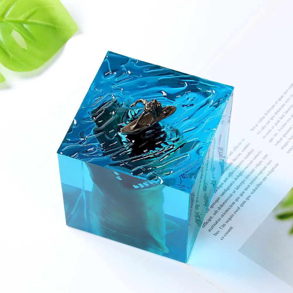 Ocean shark surfer micro landscape night light made of clear epoxy resin on a plastic stand