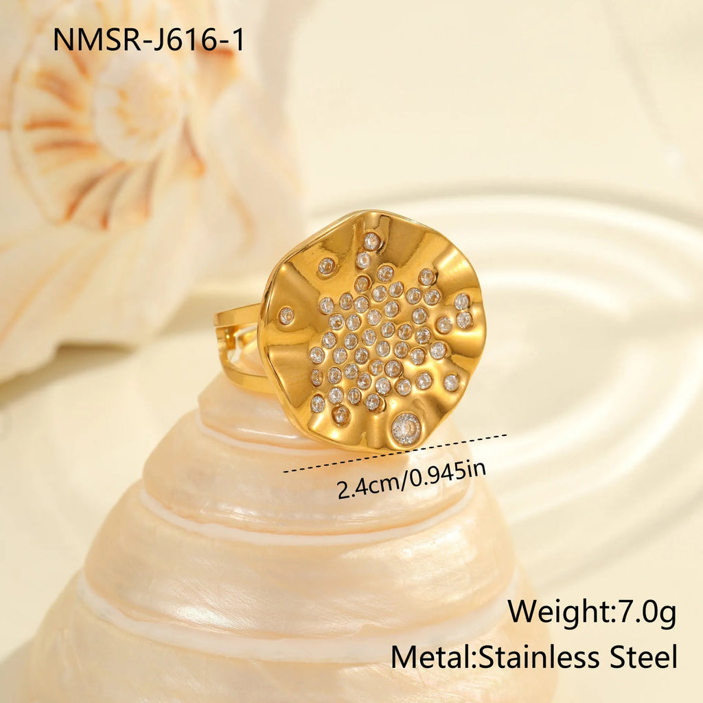 Titanium steel open mouth ring with pleated inlaid geometry design