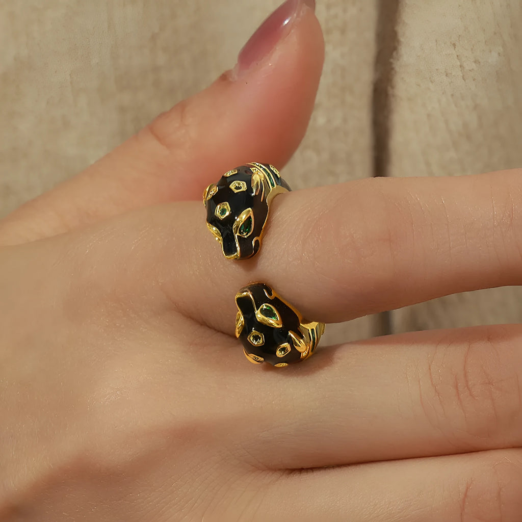 Black cheetah pattern geometric open ring for women in UK size 7