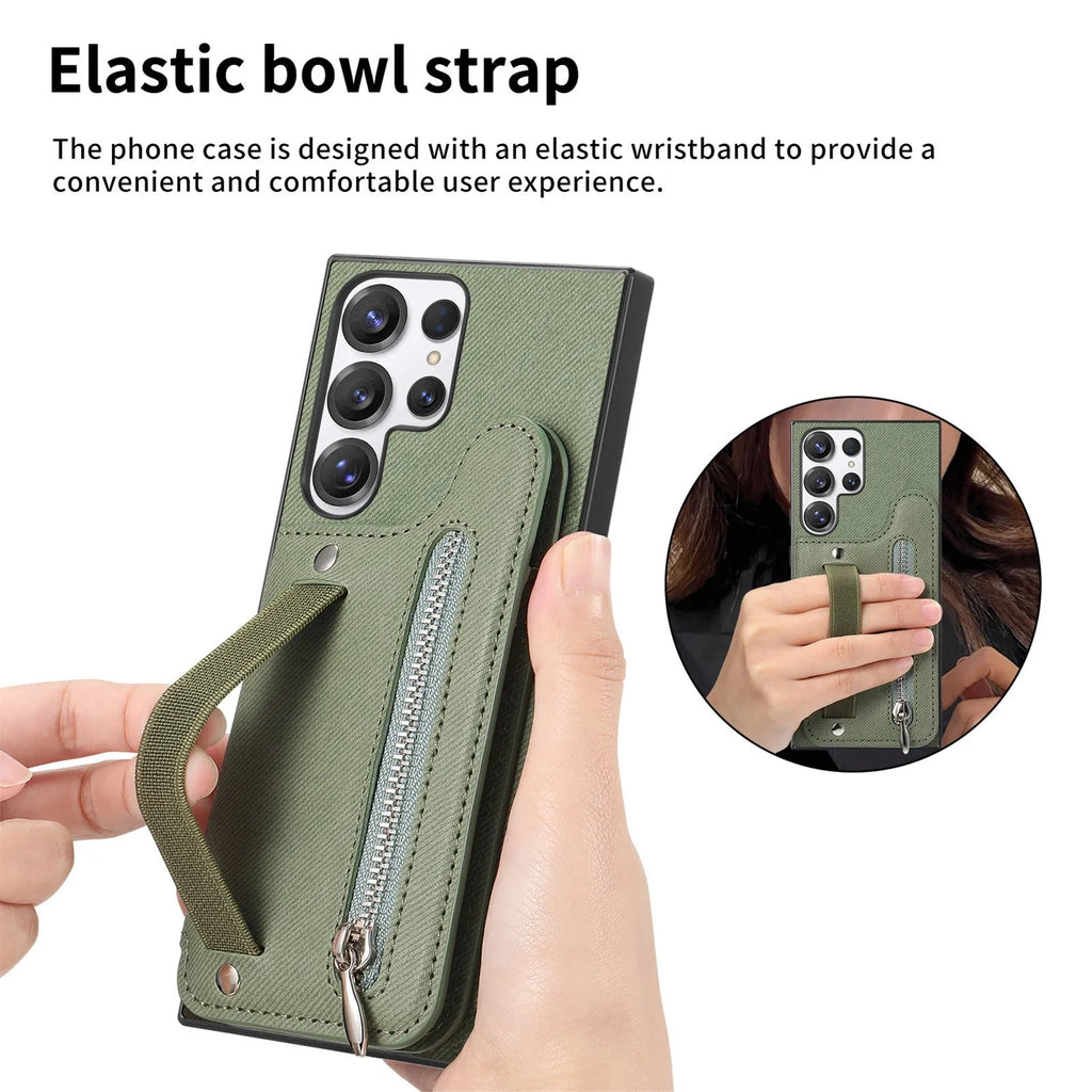 Wristband wallet card holder phone case in imitation leather with plaid embossed design for listed Samsung models