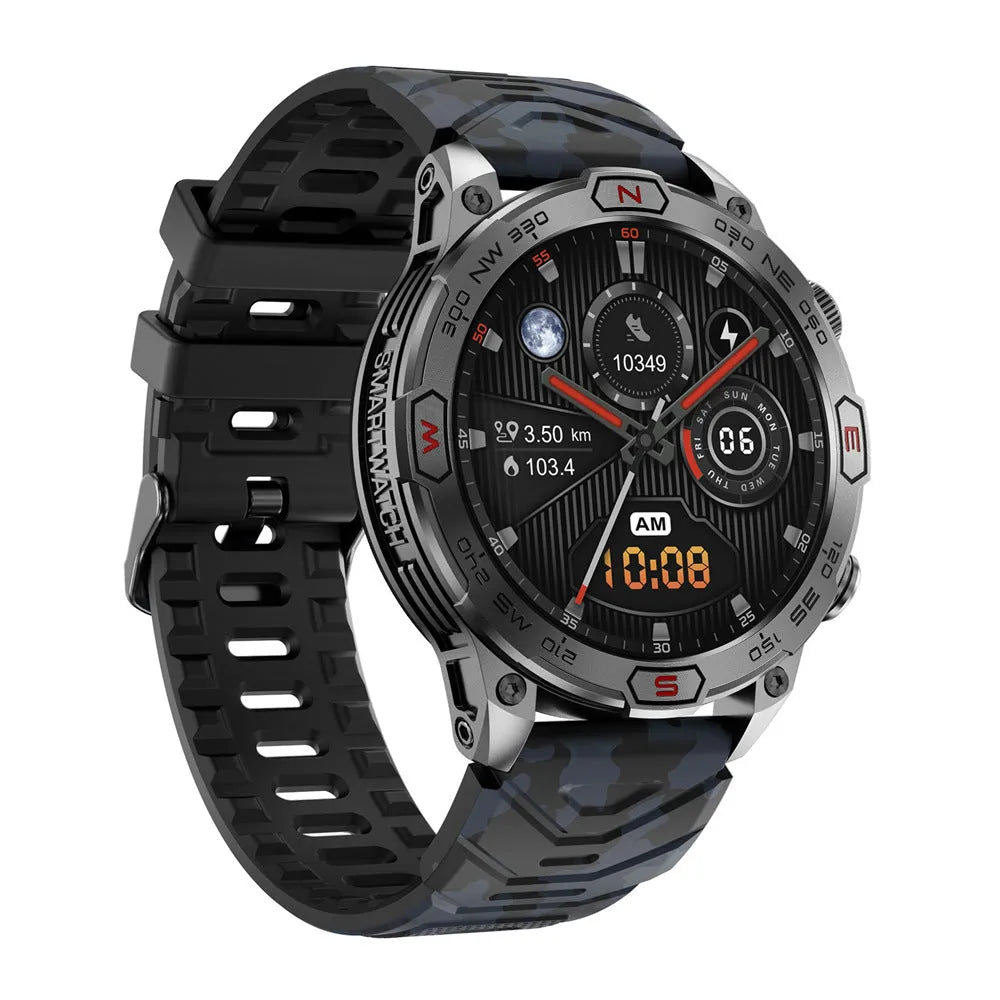 Black sports smartwatch with AMOLED screen displaying heart rate and time on a silicone strap.