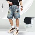 Men's blue denim jeans shorts with straight-leg cut and zipper fly closure