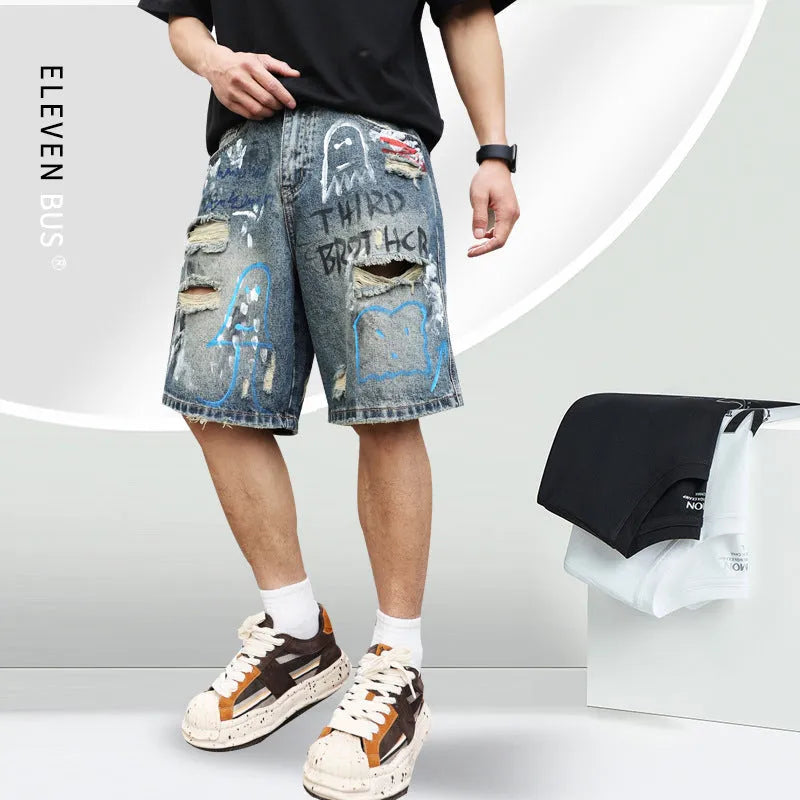 Men's blue denim jeans shorts with straight-leg cut and zipper fly closure