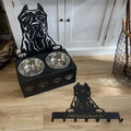 Personalised dog food bowl holder with stainless steel bowl in iron stand, customised with a dog's name.