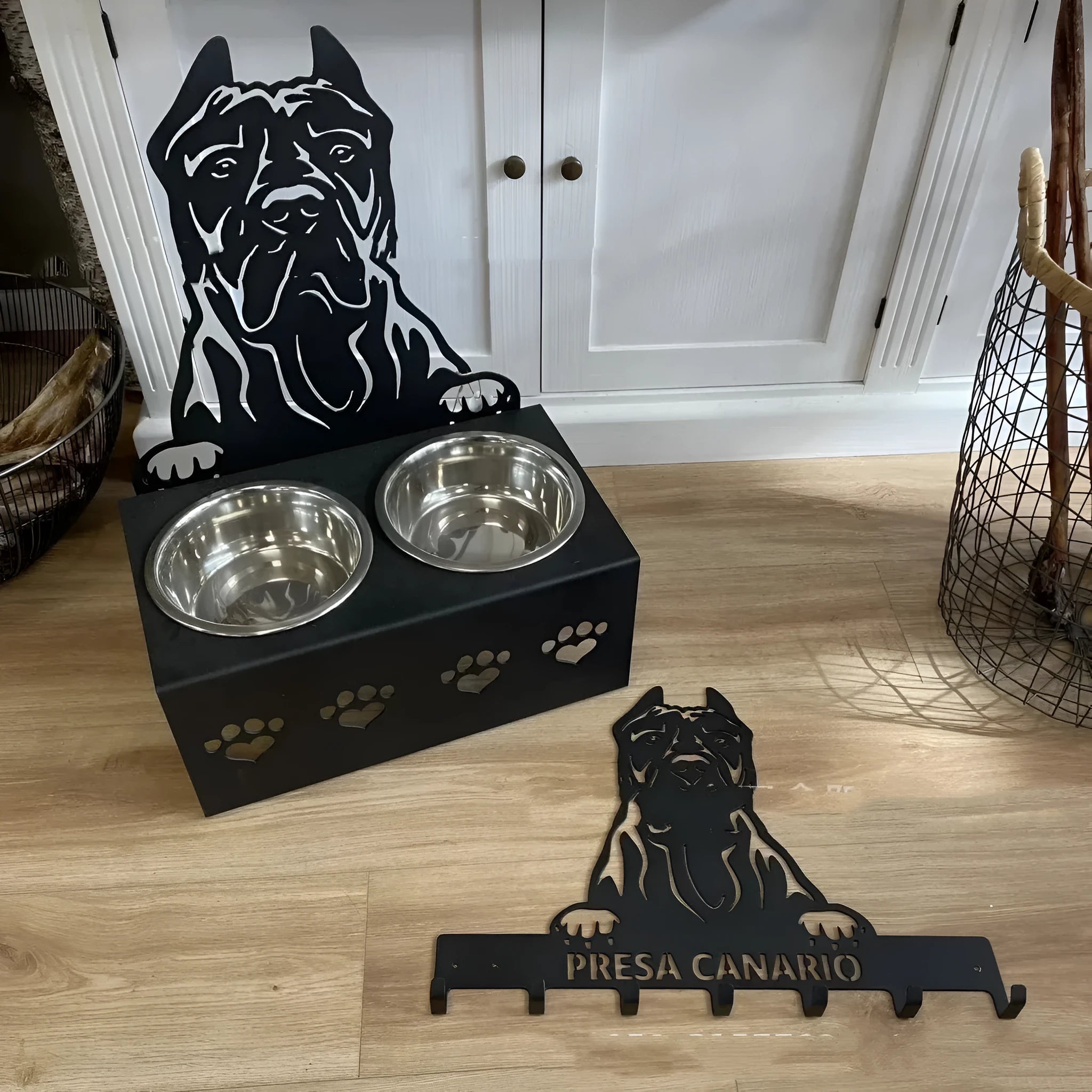 Personalised dog food bowl holder with stainless steel bowl in iron stand, customised with a dog's name.
