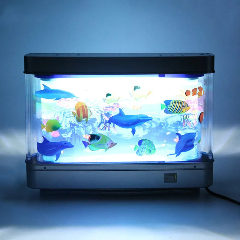 LED aquarium night lamp with plastic shell, fish design, 5W power, IP43 rating, and 30cm x 7cm x 23cm size