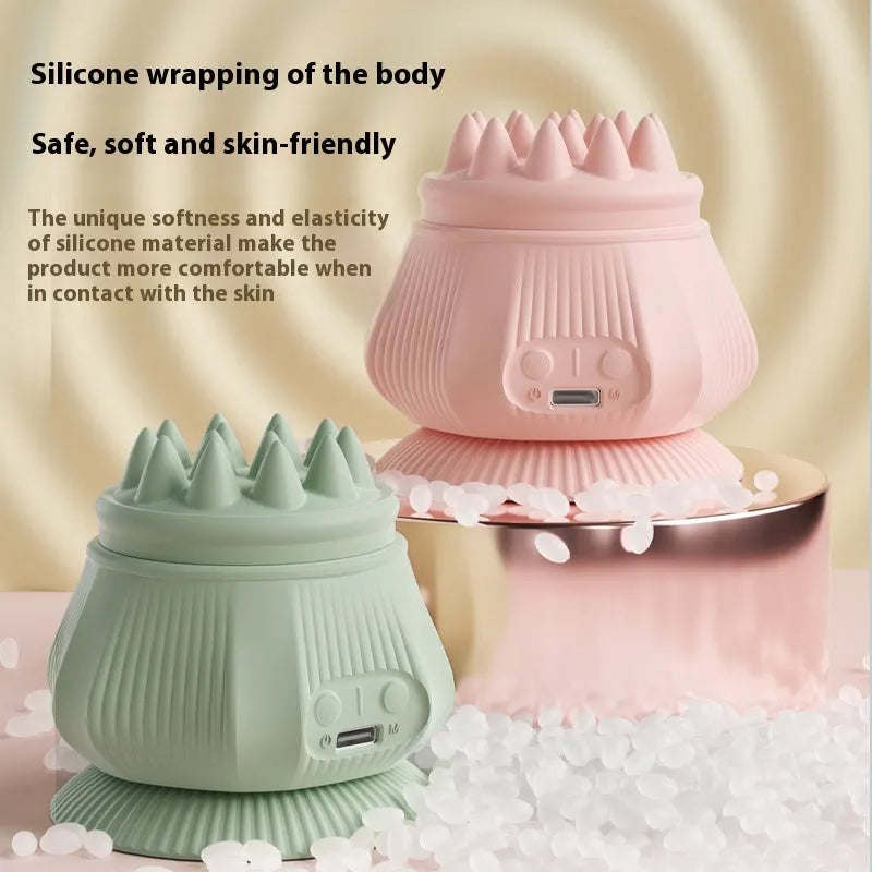 Rechargeable neck massager with multi-head silicone design and hot compress, shown in pink with gift box