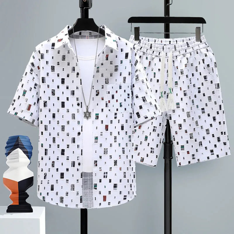 Men's casual polyester short sleeve top and matching shorts two-piece set on a hanger