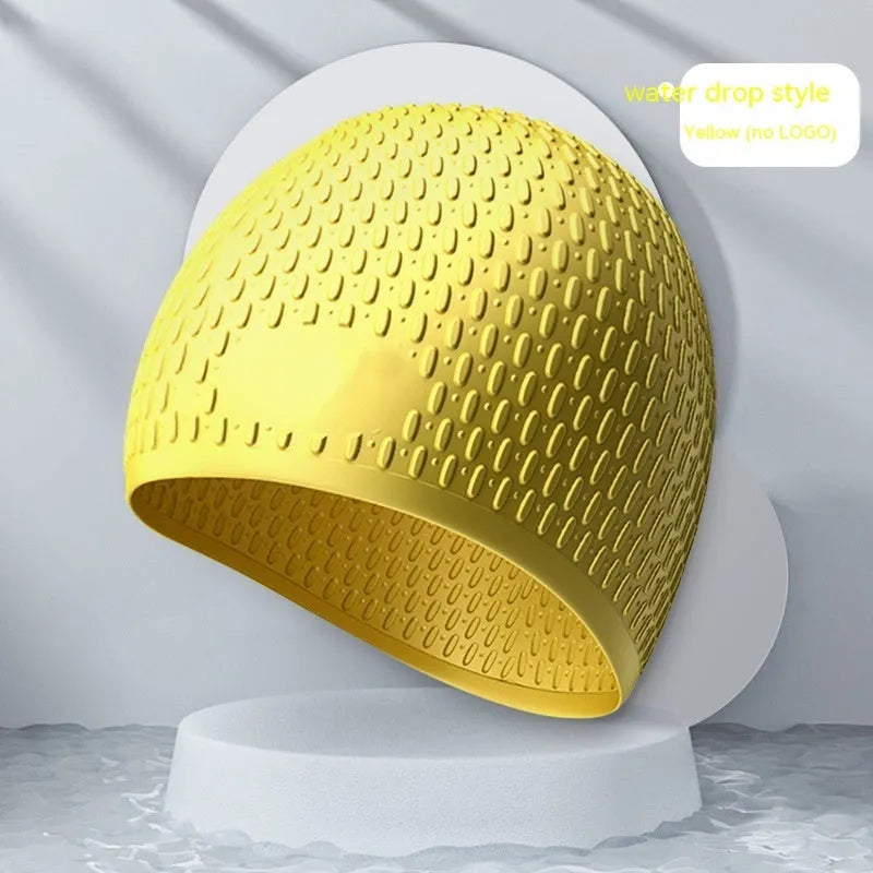 Adult solid colour silicone swimming cap with water drop design shown in multiple colour options.